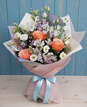 Букет цветов из:  Лизиантусы, Розы, Альстромерии и Гипсофила в Костино-Отдельце