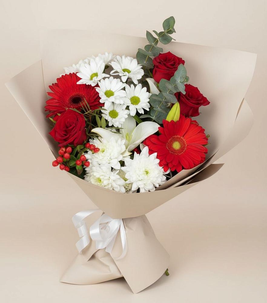 Букет цветов из: Розы, Хризантемы, Герберы и Лилии в Костино-Отдельце