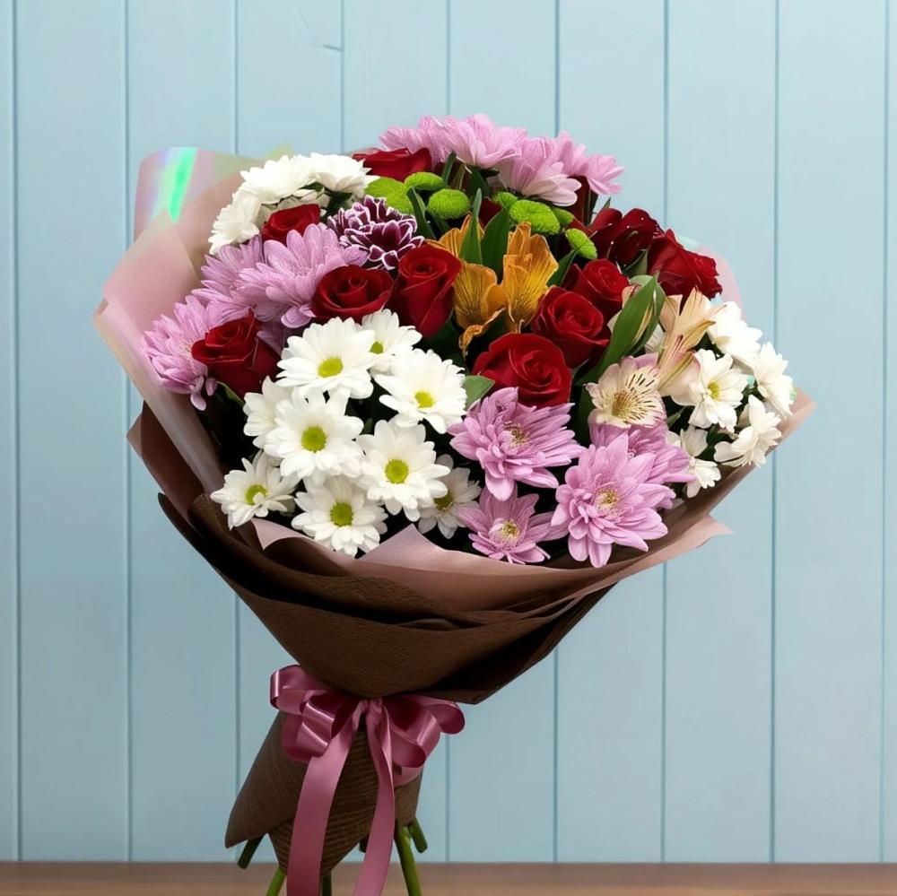 Букет цветов из: Розы, Хризантемы и Альстромерии в Костино-Отдельце