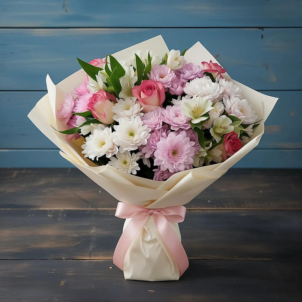 Букет цветов из: Хризантемы, Альстромерии и Розы в Костино-Отдельце